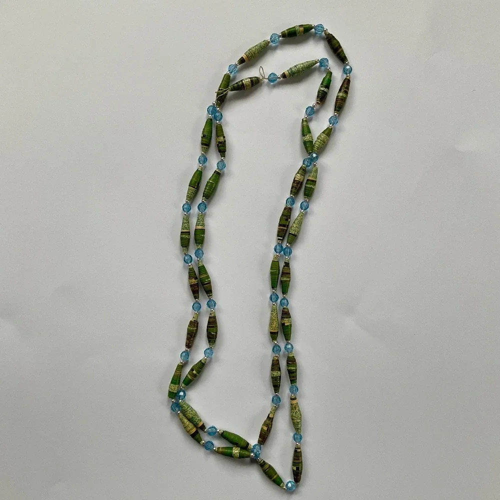 Handmade Paper Bead Necklace Green Blue Long Boho Indie Spindle Bead Strand 53in
